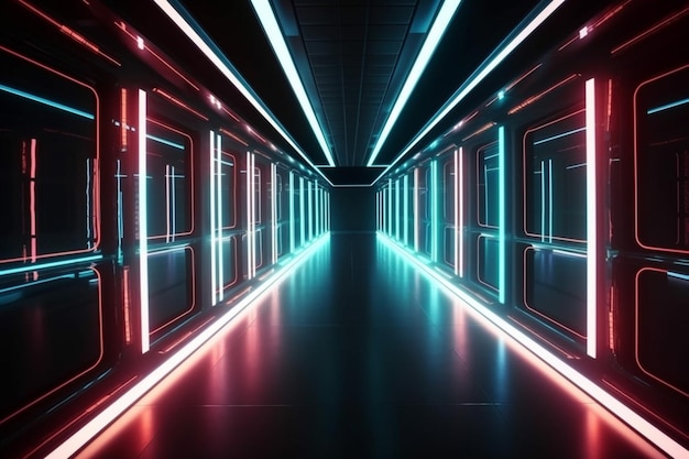Abstrakcyjny kolor światła neonowego w kierunku chodnika w perspektywie w futurystycznym tle miasta Generative AI