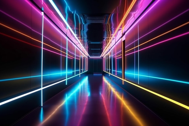 Abstrakcyjny kolor światła neonowego w kierunku chodnika w perspektywie w futurystycznym tle miasta Generative AI