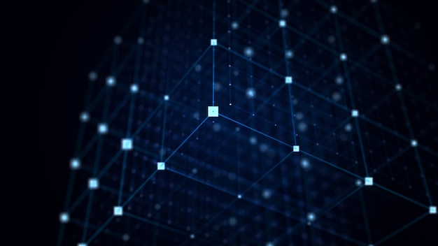 Abstrakcyjny kostka drutu Koncepcja cyfrowego łańcucha bloków Futuristyczne niebieskie tło z kropkami i liniami Rendering 3D