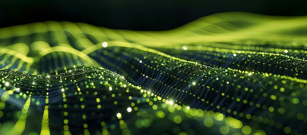Zdjęcie abstrakcyjny krajobraz cyfrowy zielonych i żółtych świateł futurystyczna technologia tła wizualizacja przepływu danych ai