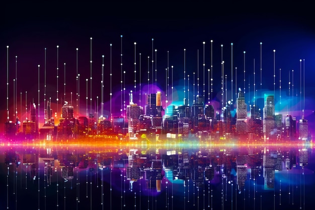 Abstrakcyjny krajobraz miasta z liniami i kropkami na niebie i odbiciem miasta w wodzie Generatywna sztuczna inteligencja