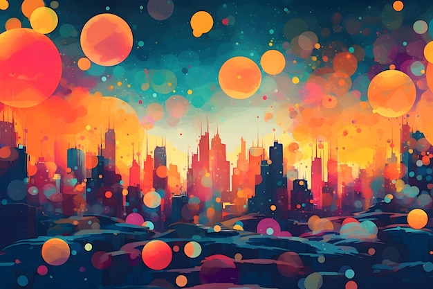 Abstrakcyjny krajobraz miejski z drapaczami chmur i kolorowymi kręgami AI Generative