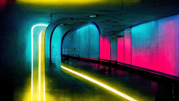 Abstrakcyjny krajobraz miejski z łukami i przejściami w neonowych kolorach