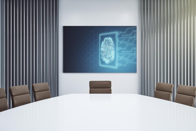 Abstrakcyjny kreatywny hologram odcisków palców na ekranie telewizora prezentacyjnego w nowoczesnej koncepcji badań i rozwoju sali konferencyjnej Renderowanie 3D