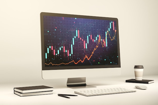 Abstrakcyjny kreatywny schemat finansowy na nowoczesnym monitorze komputerowym koncepcja bankowości i księgowości Renderowanie 3D