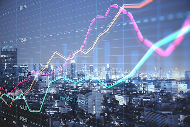 Abstrakcyjny kreatywny wykres biznesowy z indeksem i siatką na rozmytym tle miasta z drapaczami chmur Koncepcja giełdy i statystyki finansowej Podwójna ekspozycja