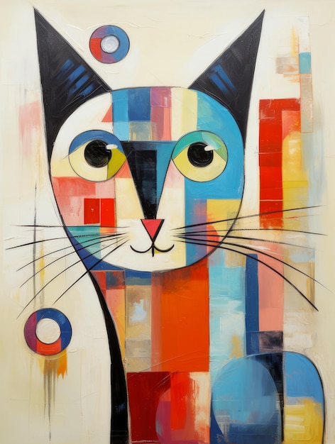 Abstrakcyjny kubistyczny obraz kota Żywy dzieło sztuki przedstawiające stylizowanego kota namalowanego w stylu kubistycznym przy użyciu żywych kolorów i kształtów geometrycznych