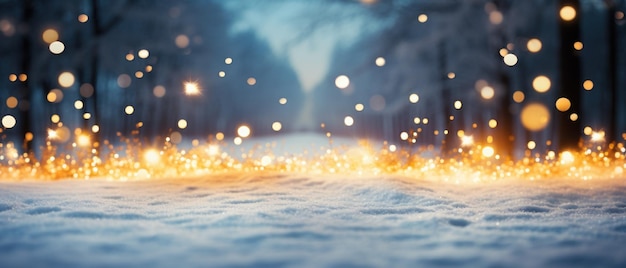 Zdjęcie abstrakcyjny magiczny zimowy krajobraz ze śniegiem i złotymi światłami bokeh banner panorama