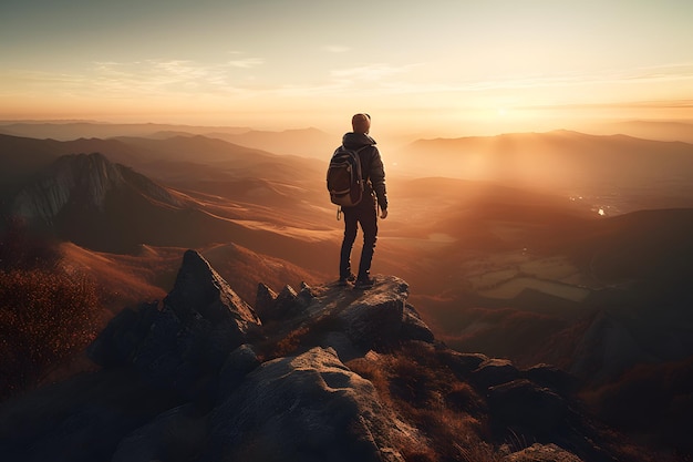Abstrakcyjny mężczyzna wycieczkowicz stoi na szczycie trudnej wspinaczki górskiej, aby powitać go pięknym widokiem wschodu słońca Generative ai Styl fotografii reklamowej