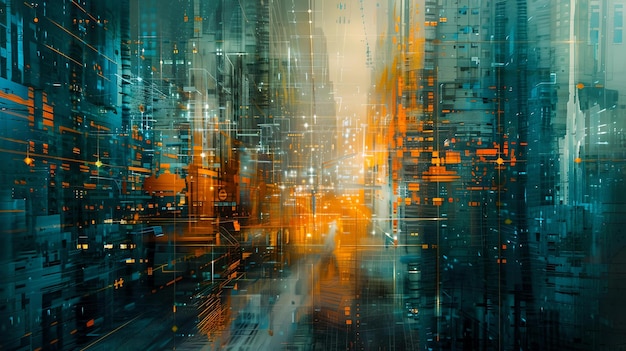 Abstrakcyjny miejski blask futurystyczny krajobraz miejski sztuka cyfrowa metropolia oświetlenie nowoczesne kreatywne tło AI