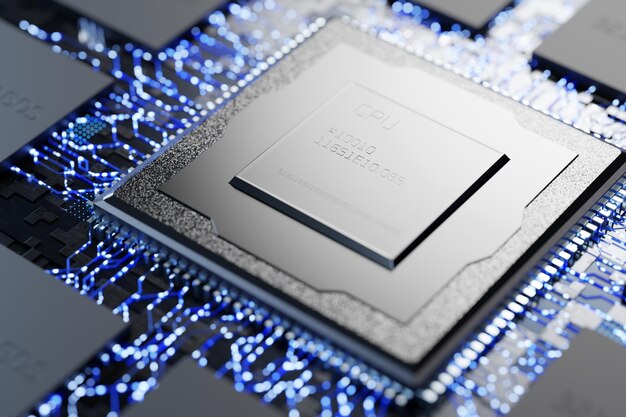 Zdjęcie abstrakcyjny mikroprocesor konwencjonalne technologie nowy mikroprocesor chipy pamięci i centralny procesor na płycie elektronicznej abstrakcyjna koncepcja technologii mikroelektroniki renderowanie 3d