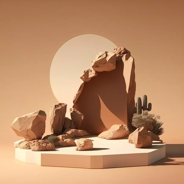 Abstrakcyjny minimalistyczny kamienny wyświetlacz na podium z beżową skałą i złotym cokołem do promocji produktów kosmetycznych na brązowym tle z cieniem słońca i prezentacją krajobrazu przyrody Generative AI