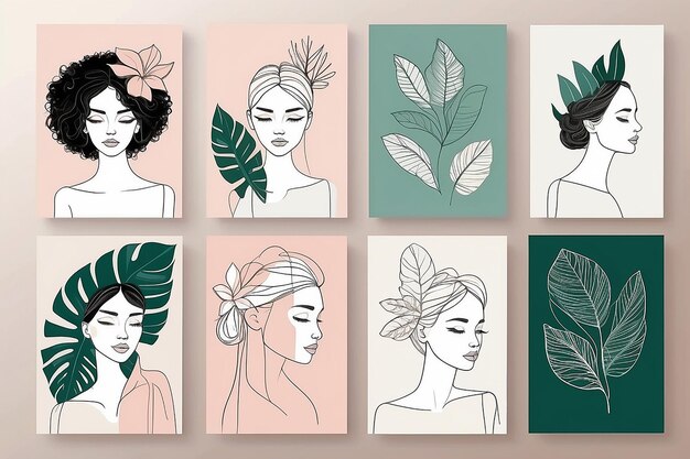 Zdjęcie abstrakcyjny minimalistyczny zestaw kart portret kobiety jedna linia rysunek minimalistyczne kształty rysunki tropikalne liście i tło kwiatowe