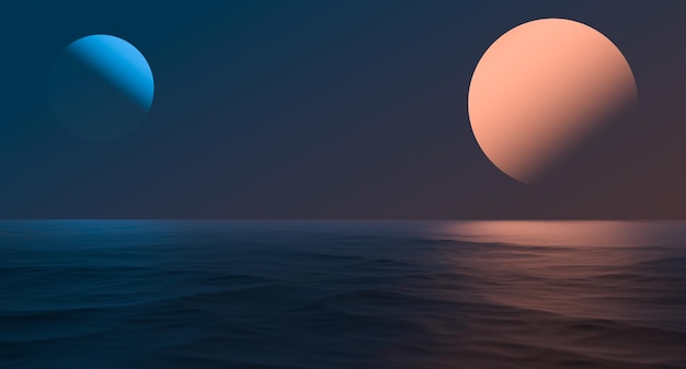 Abstrakcyjny minimalizm kosmiczny planety na tle oceanu Pomarańczowo-niebieska planeta