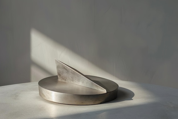 Abstrakcyjny minimalizm Metaliczna rzeźba zegara słonecznego z grą cieni na betonowej powierzchni