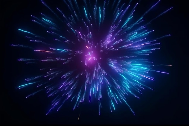 Abstrakcyjny neon renderowania 3D z niebieskimi błyszczącymi fajerwerkami strzelającymi gwiazdami w kosmosie i eksplozją