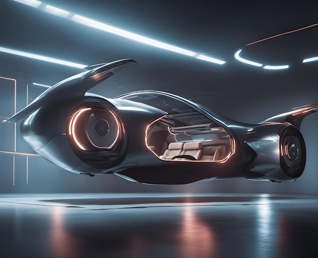 Abstrakcyjny, nieistniejący, futurystyczny, luksusowy projekt latającego samochodu.