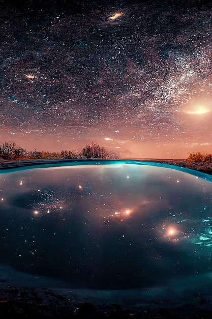 Abstrakcyjny nocny krajobraz fantasy z rozgwieżdżonym niebem naturalny basen z wodą jezioro, w którym odbija się galaktyka droga mleczna wszechświat gwiazdy planety ilustracja 3D
