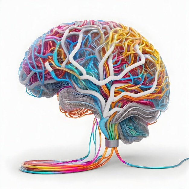Abstrakcyjny obraz AI świecącego, podobnego do człowieka mózgu, wykonanego ze skomplikowanych przewodów i kabli