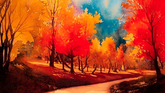 Abstrakcyjny obraz akwarela jesiennego leśnego krajobrazu ze ścieżką i kolorowymi liśćmi ilustracja 3D
