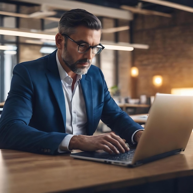 Abstrakcyjny obraz biznesmena używającego laptopa w nowoczesnym biurze