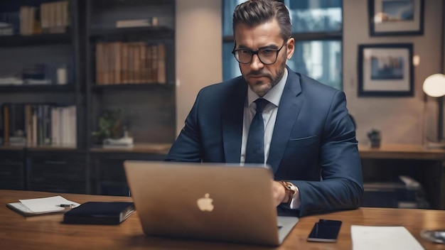 Abstrakcyjny obraz biznesmena używającego laptopa w nowoczesnym biurze