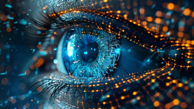 Abstrakcyjny obraz futurystycznego cyfrowego skanera oczu na niebieskim tle z koncepcją bezpieczeństwa technologicznego