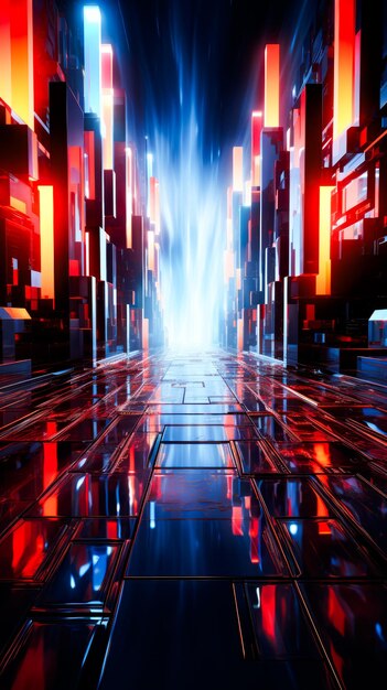 Abstrakcyjny obraz korytarza z czerwonymi i niebieskimi światłami Generacyjna sztuczna inteligencja