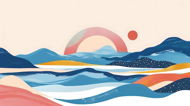 Abstrakcyjny obraz krajobrazu w minimalistycznym stylu Obraz przedstawia duży różowy zachód słońca nad niebieskim pasmem górskim