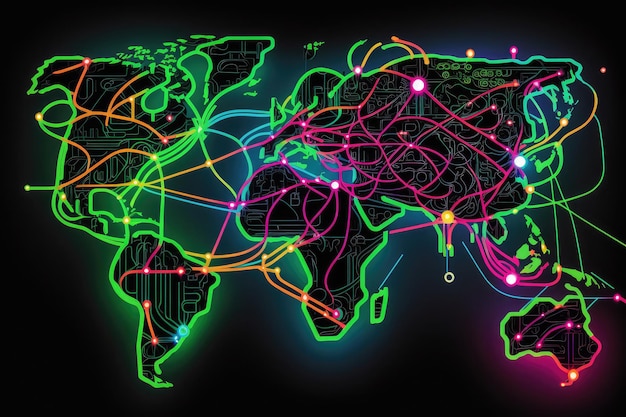 Zdjęcie abstrakcyjny obraz neonowej mapy z różnymi trasami transportowymi i węzłami komunikacyjnymi