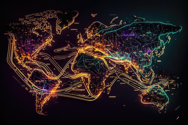 Abstrakcyjny obraz neonowej mapy z różnymi trasami transportowymi i węzłami komunikacyjnymi