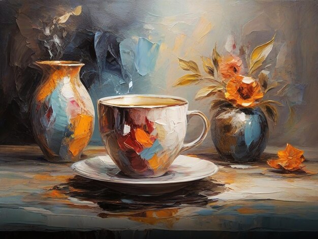 Abstrakcyjny obraz olejowy filiżanka herbaty na stole ozdobionym pięknymi kwiatami