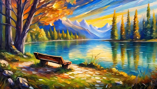 Abstrakcyjny obraz olejowy ławki na brzegu na jeziorze góry i las dramatyczne niebo naturalny krajobraz