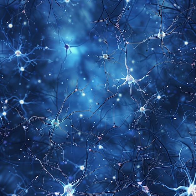 Abstrakcyjny obraz połączeń neuronowych na niebieskim tle
