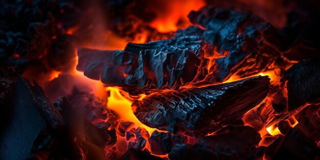 Abstrakcyjny obraz przedstawiający intensywny blask płonących węgli w ogniu