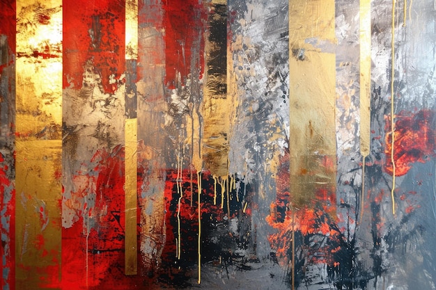 Abstrakcyjny obraz w kolorze złotym, czerwonym i szarym namalowany na tle aigx