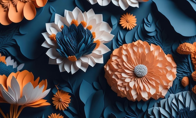 Abstrakcyjny obraz wykonany z papierowych kwiatów w stylu kolorowych rzeźb drewnianych