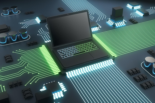 Abstrakcyjny obwód zbudowany w pustym ekranie laptopa na zielonym tle sprzętowym Technologia oprogramowania i sprzętu koncepcja Mock up 3D Rendering
