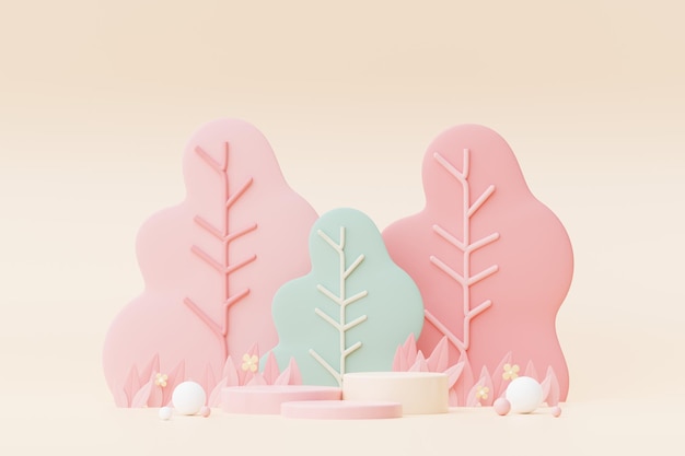 Abstrakcyjny Pastel Natura Kwiaty Liście i Rośliny Drzewa z Platformą Stoiska Podium Ładny Kreskówka Naturalny Krajobraz Tła Scena Wiosennych Kolorowych Roślin z Minimalistycznym Projektem Renderowania 3D
