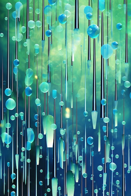 abstrakcyjny plakat 3D z geometrycznymi kropelami deszczu w różnych odcieniach niebieskiego i zielonego