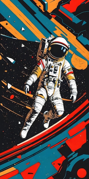 Abstrakcyjny plakat kosmiczny z rysunkiem astronauty Lino Cut Inspirowana grafiką generatywną AI w stylu vintage