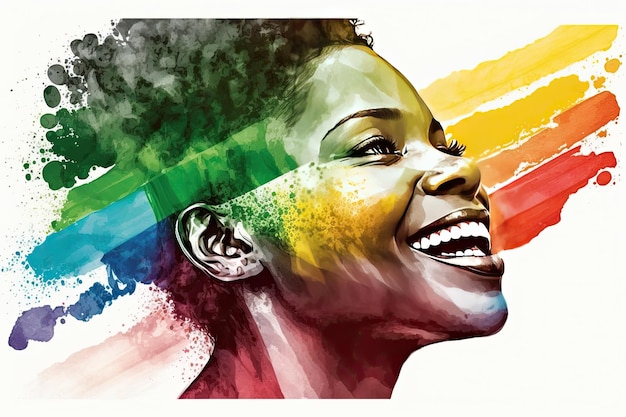 Abstrakcyjny portret akwareli radosnej afrykańskiej lesbijki z tęczową flagą renderowany w minimalistycznym stylu Generative AI