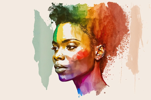 Abstrakcyjny portret akwareli radosnej afrykańskiej lesbijki z tęczową flagą renderowany w minimalistycznym stylu Generative AI