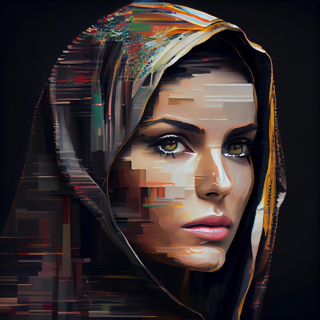 Abstrakcyjny portret arabskiej kobiety z ilustracją efektu usterki Generative AI