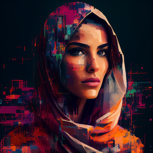 Abstrakcyjny portret arabskiej kobiety z ilustracją efektu usterki Generative AI