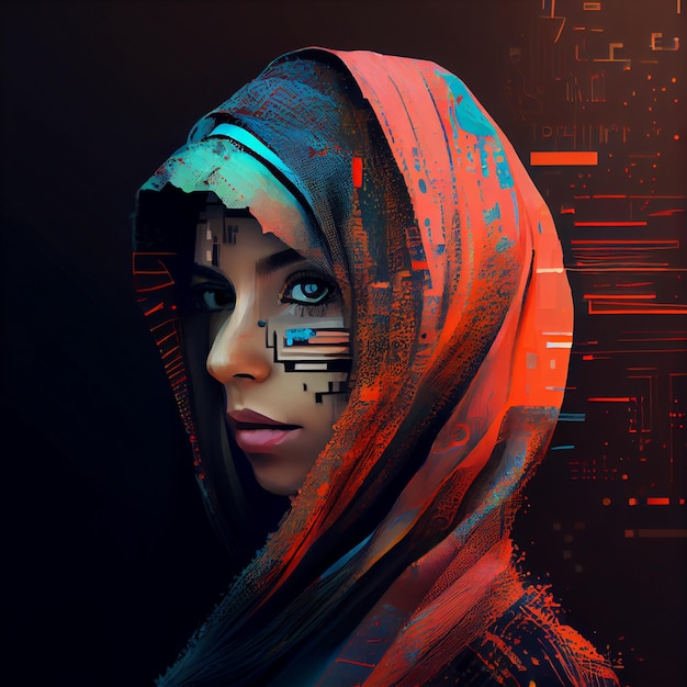 Abstrakcyjny portret arabskiej kobiety z ilustracją efektu usterki Generative AI