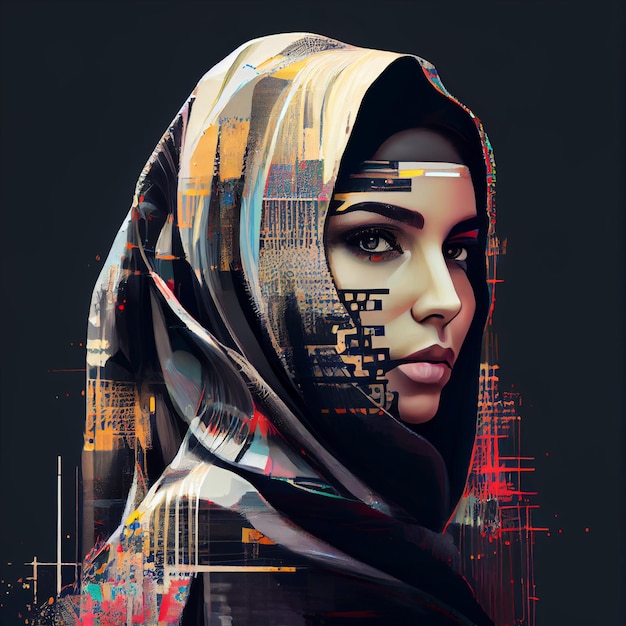 Abstrakcyjny portret arabskiej kobiety z ilustracją efektu usterki Generative AI