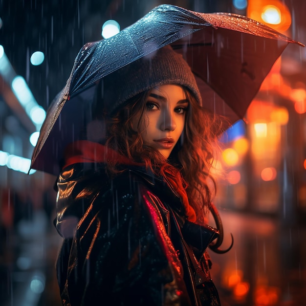 Abstrakcyjny portret dziewczyny z parasolem deszczowa noc w stylu miejskim