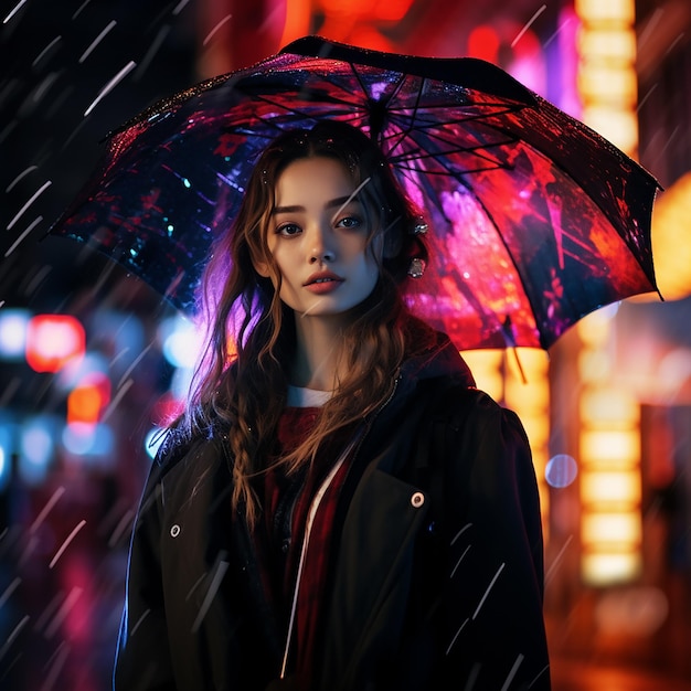 Abstrakcyjny portret dziewczyny z parasolem deszczowa noc w stylu miejskim