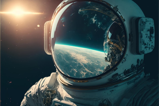 Abstrakcyjny portret kosmonauty w kosmosie Planeta Ziemia w odbiciu w kasku Generative AI